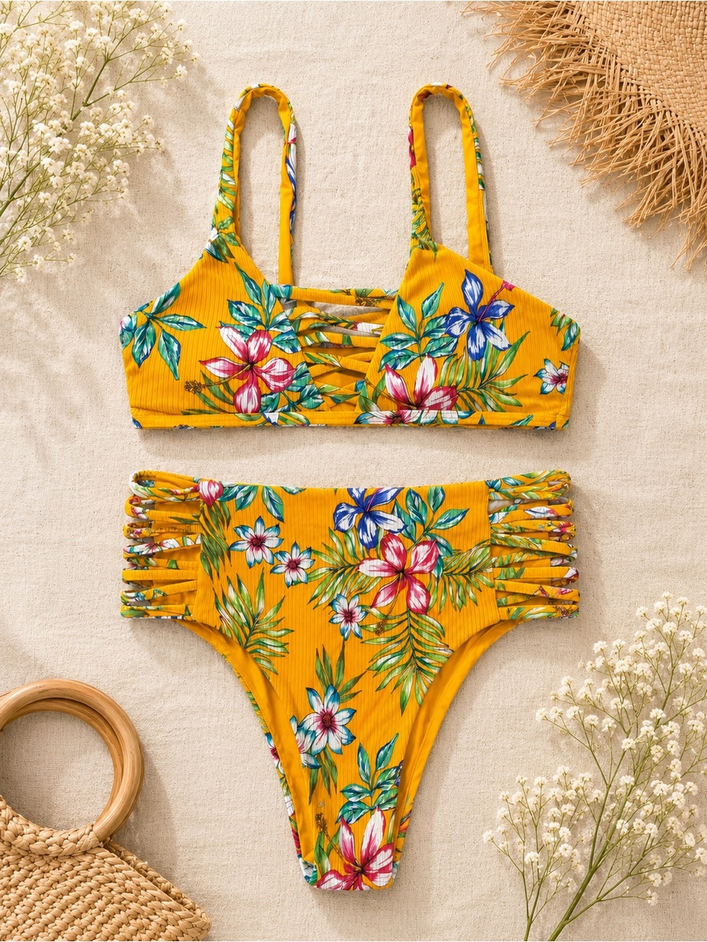 Yellow Tropical Floral Strappy Bikini